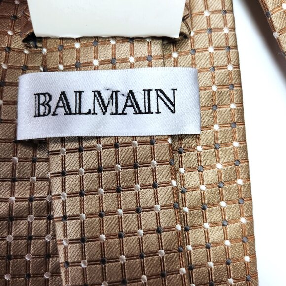 Balmain Necktie Men's Silk Tie 100% Silk Foulard Tie New Brown Grey & White Dots - Picture 7 of 8